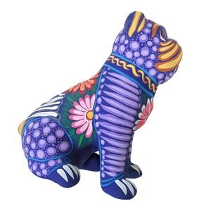 Mexican Folk Art Bulldog Alebrije Style Hand Painted Oaxacan Floral 8" VTG Decor